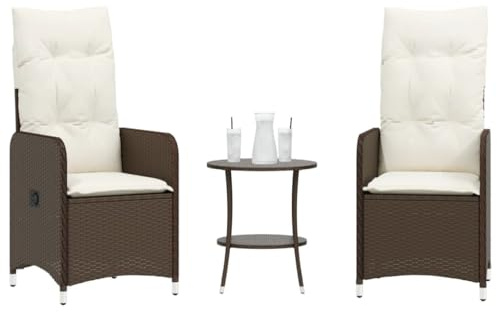 Outdoor-Lehnstühle 2er Set, Braun Poly Rattan Garten Relaxsessel mit Verstellbarer Rückenlehne, UV-beständig, Bequeme Terrassenstühle mit Kissen & rundem Tisch