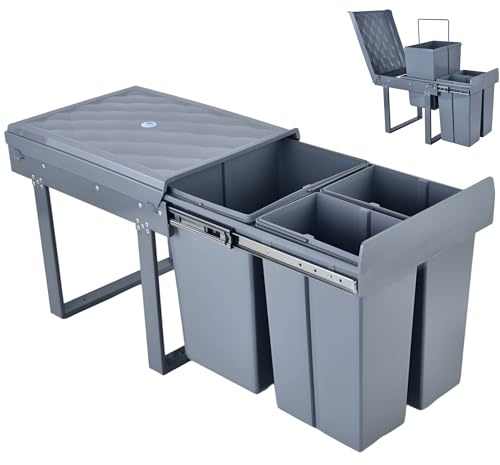 MinteLiv Einbaumülleimer ausziehbar Mülltrennsystem, Stahlrahmen, 20L+2x10L | 3 Fächer, passend für Küchenunterschränke ab 40 cm Breite, 48x33,5x42cm, Küche, unter Spüle, Vollauszug