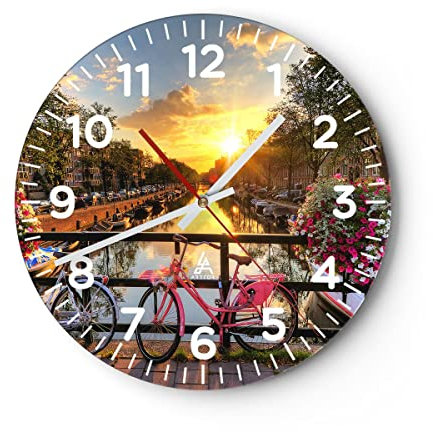 Modern Wanduhr Bikes Kanal Amsterdam Architektur 30x30cm Rund Klein Wand Uhr Glas Analog Zimmeruhren Küche Büro Wohnzimmer Glasuhr Wall Clock Dekoration Design Wanddekoration Küchenuhr C4AR30x30-3081