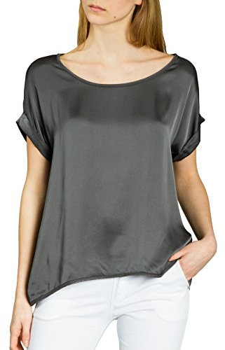 Caspar BLU017 leichte Elegante Damen Seidenglanz Kurzarm Sommer Shirtbluse, Farbe:dunkelgrau, Größe:M/L