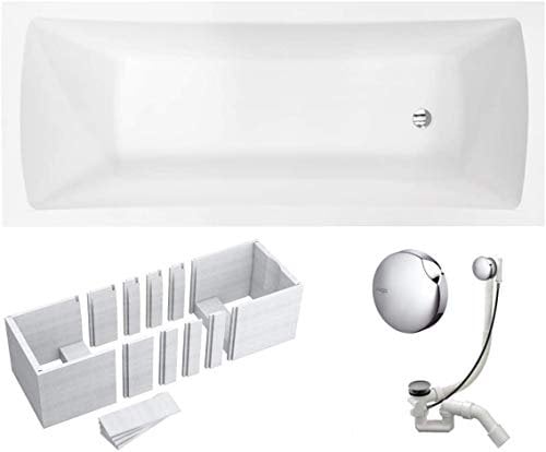 VBChome Badewanne 150x70 cm Acryl SET Wannenträger Siphon Wanne Rechteck Weiß Design Modern Styroporträger Ablaufgarnitur in Chrom Viega Simplex (150x70 cm)