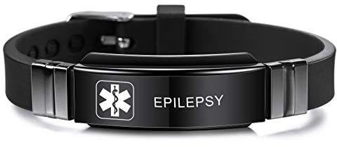MOWOM Medical SOS Notfall Armband Personalisiertes Gravur Silikon Edelstahl Namensarmband Männer Damen - Bündel mit Notfallkarte, Kartenhülle (Schwarz Epilepsy)