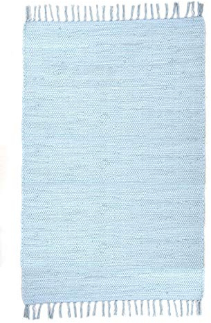 Theko | Dhurry Teppich aus 100% Baumwolle Flachgewebe Teppich Happy Cotton | handgewebt | Farbe: Hellblau | 120x180 cm