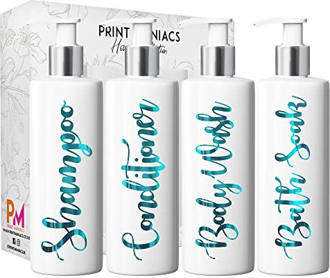 Print Maniacs Mrs Hinch Inspired White Personalised Pump Bottles Bathroom Kitchen Set Shampoo Conditioner (Teal)