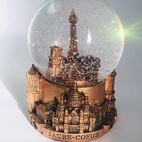 VIANAYA Schneekugel Paris Eiffelturm – Basis aus Kunstharz mit 3D-Monumenten und Glaskugel mit glitzernden Pailletten – Farbe Kupfer – Größe M (Höhe 11 cm)