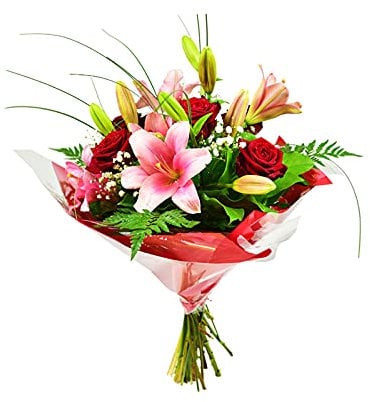 Crimson Charm Flower Bouquet in Kraft Gift Bag – Fresh Pink Lilies, Red Roses, Baby's Breath, festive event– Long-Lasting Floral Delivery for Birthday, Sympathy, Wedding, Home party Decor