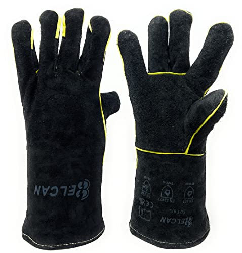 ELCAN Guanti da saldatura professionali in pelle nera per impieghi gravosi, ignifughi, resistenti al calore, per saldatura ad elettrodo, TIG, MIG, MAG, barbecue, caminetti, legna da ardere, forni...