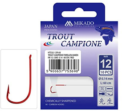 10 x Mikado Trout Campione rote Forellenhaken Angelhaken Vorfach 1m von Größe 2 bis 12 erhältlich (#2 / Ø0,25mm / 100cm)