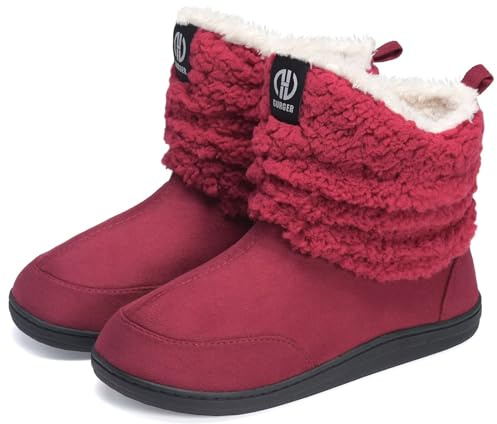 GURGER Hausstiefel Damen Hüttenschuhe Herren Plüsch Gefüttert Hausschuhe Hohe Winter Hüttenstiefel Warm Boot Slipper Feste Sohle Rot Größe 38 39