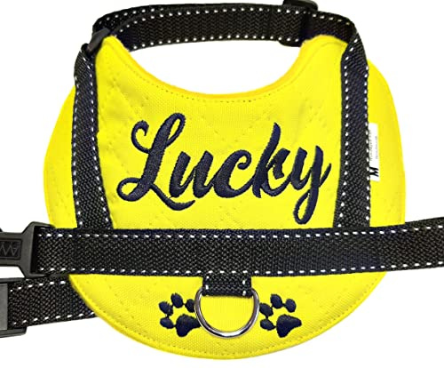Hundegeschirr S M L XL XXL Brustgeschirr mit Wunsch Namen bestickt Wasserfest gelb kleine mittelgroße und große Hunde