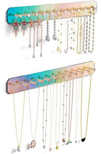 NiHome 2 Stück Wand Ketten Aufbewahrung Schmuckaufbewahrung mit Karbonstahl-Haken, Kettenhalter für Halsketten, Hängend Schmuckhalter für Schminktische, Badezimmer, Einfache Montage (Schillernd)