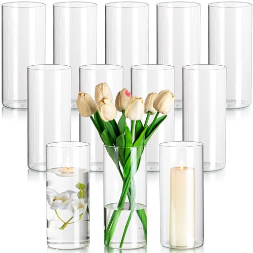 Glasseam Zylinder Vasen Deko Modern Blumenvasen, 12 Stück Glas Vasen Set, 20 x 8,5 cm Tulpenvase Glas Zylinder Kerzenständer für Stumpenkerzen, Minimalistische Flower Vase für Tischdeko Esstisch