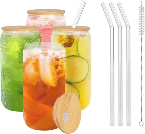 YOUNTHYE 4 Stück Gläser mit Deckel und Strohhalm 500ml/16oz Trinkglas mit Deckel und Strohhalm Bierdosengläser Eiskaffee Gläser Cocktailgläser Longdrinkgläser Set für Wasser, Kaffee, Cocktail, Whisky