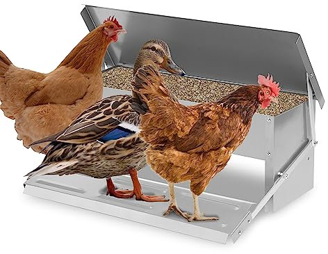 Randaco Futterautomat Hühner Hühnerfutterautomat aus Verzinkter Stahl 5KG Futterspender Futtertrog mit Automatisches Pedal und Wasserfest Decke Hühnerfutter für Geflügel, Wasserdicht und rattensicher