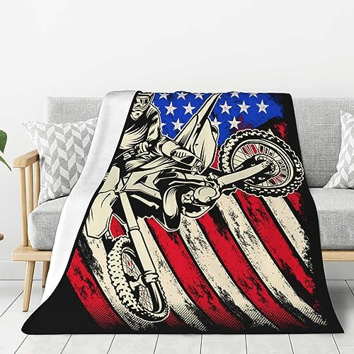 Dirt Bike Motocross Fleecedecke mit amerikanischer Flagge, weich, leicht, flauschig, gemütlich, Luxus-Mikrofaser