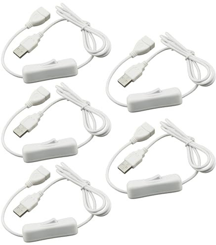 HUAZIZ 5Pièces Câble d'extension de commutateur USB(1 m), USB avec interrupteur on/off, interrupteur usb pour Lampe de Bureau LED, Bandes LED, Ventilateur USB(Blanc)