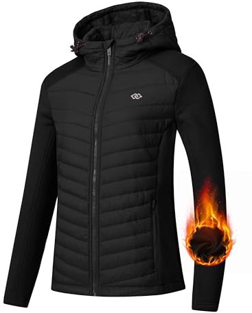 MoFiz Veste Randonnée Softshell Femmes Veste Chaude à Capuche Veste Course à Pied Sports Plein Air Noir XL