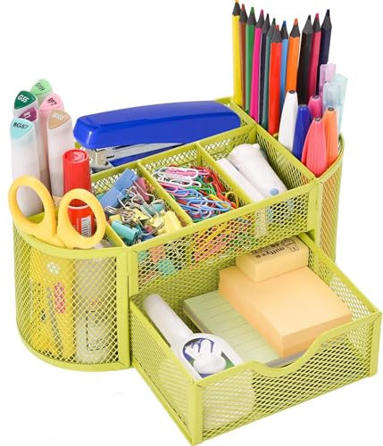 Schreibtisch Organizer, Mesh Metall Büro-Organizer mit Schublade und Stifthalter, 9 Sortierfächer für Stifte, Hefter, Ordnerklammern, Haftnotizen, Platzsparendes Desk Organizer (grun)