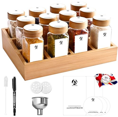 DSUID Spice Rack with Jars, 12 Spice Jars with Bamboo Lids, Unique Lightly Scented Wooden Spice Rack, Waterproof English Spice Labels, Convenient for Restaurant Guests with Removable Seasoning