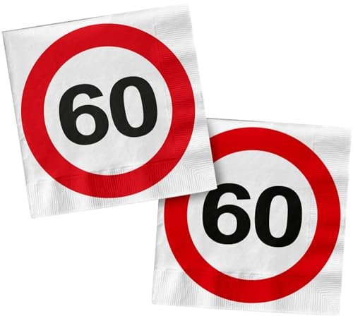 Folat 28376 Servietten 60 Geburtstag Rot Weiß Verkehrsschild - 33 x 33 cm - 20 Stück - Geburtstagsservietten, Papierservietten, Tischdekoration