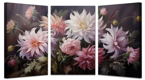 SHYAMIC Rosa Set di 3 Poster Quadri Aesthetic Su Tela, Fiori Rosa Verde Quadri artistici per soggiorno camera da letto bagno cucina decorazione murale -60x80cmx3 Intelaiato