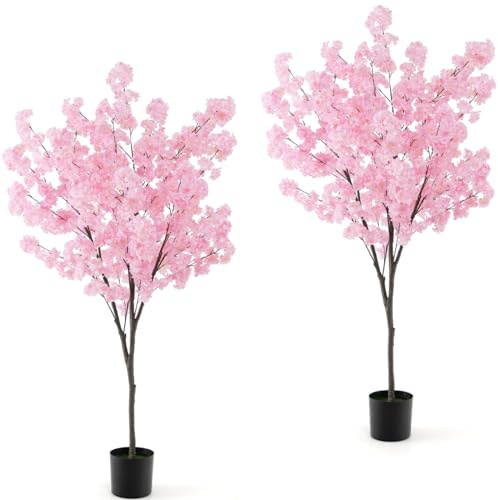 TANGZON 1.9M/6.2FT Artificial Cherry Blossom Tree, Tall Fake Sakura Flower Tree in Pot with 1170 Pink Blooming Flowers, Indoor Outdoor Decorative Potted Faux Cherry Plants for Home Office Wedding (2)