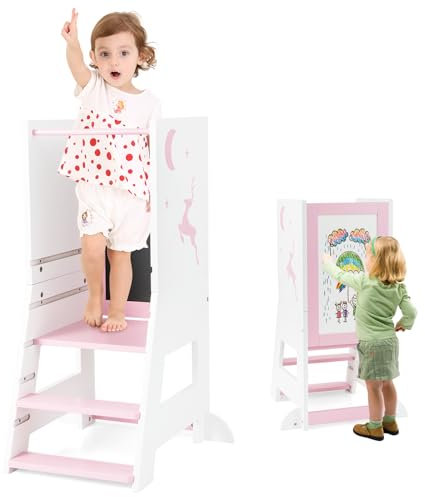 DREAMADE 2-in-1 Lernturm mit Tafel, Höhenverstellbarer Tritthocker aus Holz, Kinder Kreidetafel mit 3 Bunten Marker, Kinderlernturm ab 1 Jahr, belastbar bis 70kg (Weiß + Pink)
