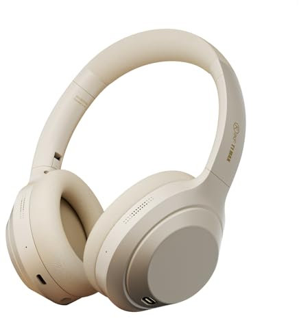 iKF T1 Max Bluetooth Kopfhörer Over-Ear Noise Cancelling mit Mikrofon, Kabellose Kopfhörer, 100 Stunden Wiedergabezeit, HiFi-Stereo-Sound, Verbindung von 2 Geräten, leichte für TV PC (Off White)
