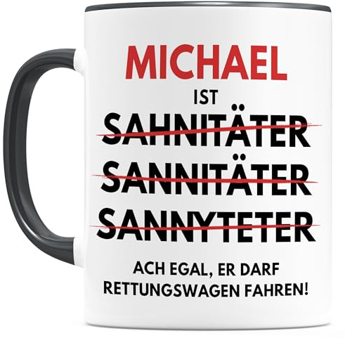 Rettungsdienst Tasse personalisiert mit Namen Geschenk für Sanitäter | Personalisiert, hochwertige Keramik, spülmaschinen- & mikrowellengeeignet, 330 ml, Sanitäter Zubehör