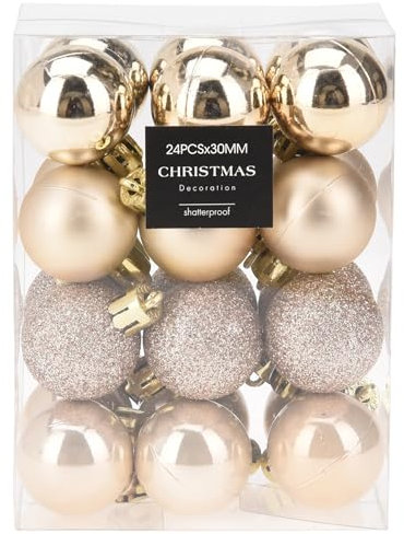 24 x Mini Baumkugeln Ø 3 cm zum Hängen - Bruchsicher aus Kunststoff - Baumschmuck Plastik für Innen und Außen - Kleine Christbaumkugeln (Champagner (Glanz + matt + Glitzer))