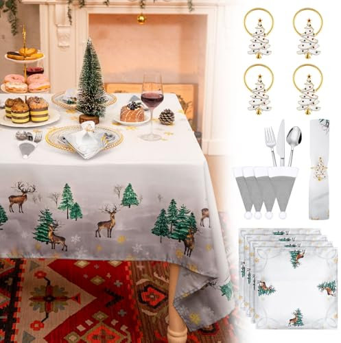 Phestival 13 IN 1 Premium Tischdecke Weihnachten – Weihnachtstischdecke, Servietten Weihnachten, Serviettenringe Bestecktasche Weihnachten - Weihnachtsfeier, Weihnachtsessen