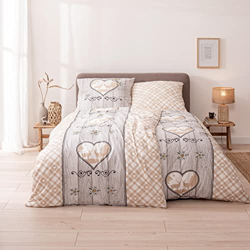 MTOnlinehandel Landhaus-Stil Bettwäsche 135x200 + 80x80 cm · 4teilig, Karo Hirsch Herz Holzoptik · 100% Baumwolle · Vintage Partner Bettwäsche-Set Geschenk TRAUMHELDEN