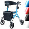 Mobility Plus+ Design Rollator DR10+ Blau - Indoor & Outdoor, schmal & faltbar - höhenverstellbare Gehhilfe für Senioren mit Rückengurt & Tasche - Innenliegende Bremszüge ohne störende Kabel