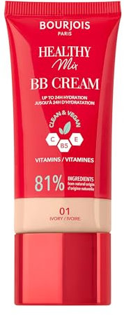 Bourjois Healthy Mix, 01 Ivory, BB Cream, Abdeckung und Feuchtigkeitspflege für den ganzen Tag, Vitamin C, E und B5, vegane und cleane Formel, 30 ml