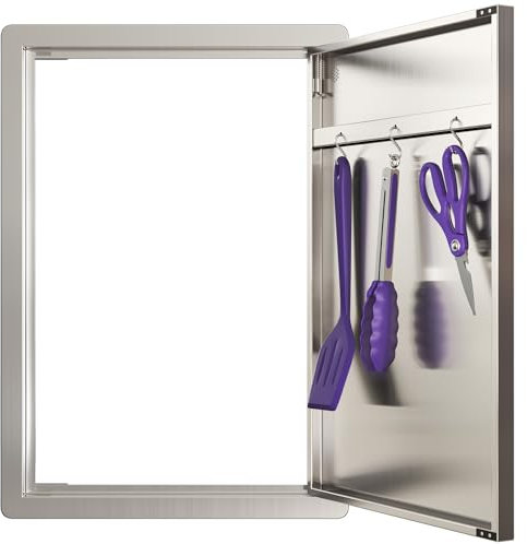 Sersper Outdoor Kitchen Door, 17 W x 24 H Stainless Steel Single Access Door with Venting Holes, Recessed Installation, 1 Ergonomic Handles, 3 Hooks, Ideal for Outdoor Kitchens and BBQ Islands