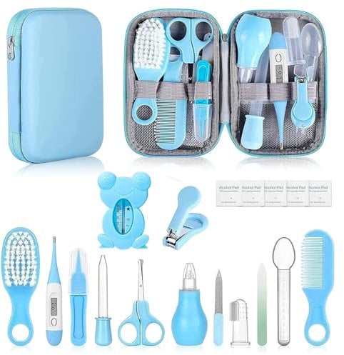 MEETOZ Baby Healthcare and Grooming Kit, 19 in 1 Infant Safety Care Set with Hair Brush Comb Nail Clipper Nasal Aspirator, Baby Essentials Kit for Newborn Girls Boys(Blue)