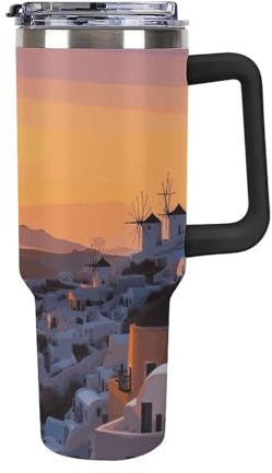 KLWQR 40 Oz Tumbler with Handle And Straw Lid Stainless Steel Insulated Coffee Cup Leakproof Travel Mug Greece Island Sunset Landscape Water Bottle, Car Cup Holder Friendly,Gifts for Women Men