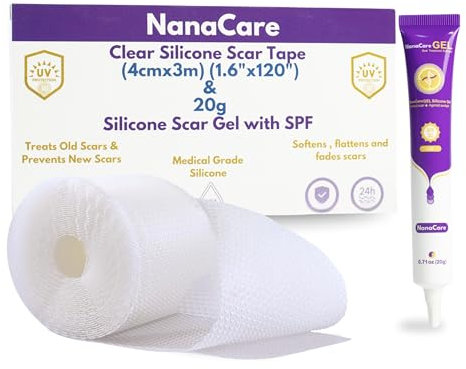 NanaCare Clear Silicone Scar Tape (4cmx3m) & Silicone Scar Gel (20g) with SPF-All in 1 Scar Treatment kit - Scar Cream Silicone Scar Sheets for C Section, Acne, Keloid, Stretch Marks & Surgical Scars