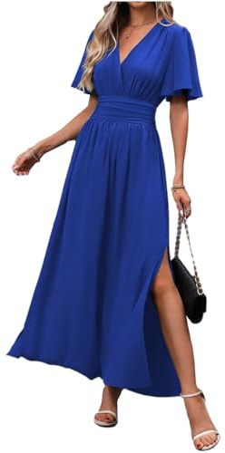 LUVCES Damen Sommer Maxi Kleid V-Ausschnitt Schmetterlingsärmel Plissee Hohe Taille Schlitz Elegant Hochzeitsgast Langes Kleid Königsblau L