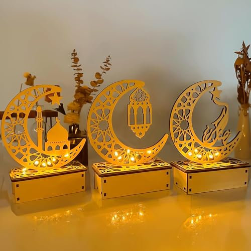 Ramadan Deko, Ramadan Geschenke, 3 Stück Ramadan Dekoration Blitz Holz Eid Mubarak Dekoration, Castle, Mit Mondmotiv, Ramadan Dekoration