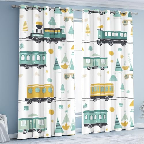 Kioldoq Auto LKW Gardinen mit Osen, Niedlich Karikatur Vorhang 2er Set 215x110 cm, Kind Mädchen Junge Blickdichte Gardinen, Thermovorhang für Schlafzimmer Wohnzimmer Fensterdekoration