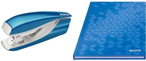 Leitz WOW Set Büro Heftgerät + Notizbuch A5 kariert, Hardcover, 160 Seiten, 80 Blatt, 30 Blatt Tacker mit 200 Heftklammern, Hefter aus Metall mit Kunststoffelementen, Blau, 55021036 + 46281036