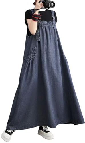 AUKLETBLIEF Damen Jeans Latzkleid | ärmelloses, verstellbares Denim-Kleid mit Schulterriemen für Damen mit Taschen und lässigem Gesamtkleid mit weitem Rand