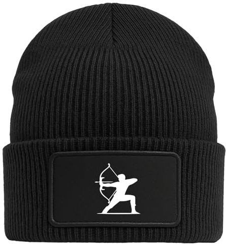 Huuraa Beanie Bogenschießen Silhouette Geschenk | Black Geschenkidee Schwarze Rippstrick Wintermütze mit austauschbarem Klett Patch