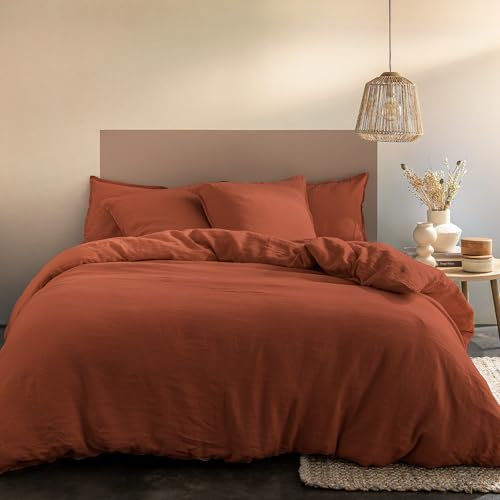 MATT & ROSE Parure de lit Unie Passion Lin 2 Personnes | 100% Lin Lavé | Oeko-TEX® Standard 100 | Housse de Couette 260x240 + 2 Taies d'oreiller 65x65 cm | Sienne