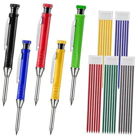 JOMPENS Professionelles 5-Stift-Markierungs-Set – 5 Stifte + 30 Minen (Schwarz/Blau/Rot/Grün/Gelb) – Eingebaute Spitzer, verlängerte Nase für Tiefloch-Anreißen, Heimwerker/Tischlerei