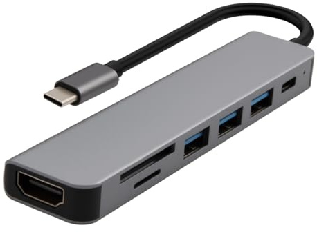 7-in-1 USB C Hub mit HDMI 4K@60Hz, 100W USB-C Ladeanschluss, 3 USB 3.0 Ports, SD/TF Kartenleser, Silikonkabel, kompatibel mit Laptops, Tablets, Mobilgeräten, Monitoren, Dockingstation