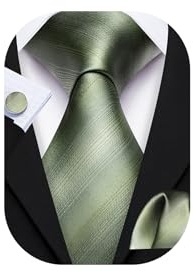 Barry.Wang Green Tie Mens Silk Solid Color Necktie Pocket Square Cufflinks Set Wedding Christmas