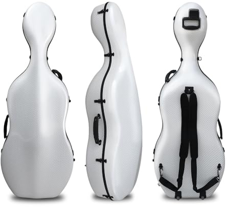 MJMLUCK Custodia Rigida per Violoncello 4/4 con Ruote e Maniglia incorporata Materiali compositi aeronautici Impermeabile (Bianco Puro) (Striscia Bianca)