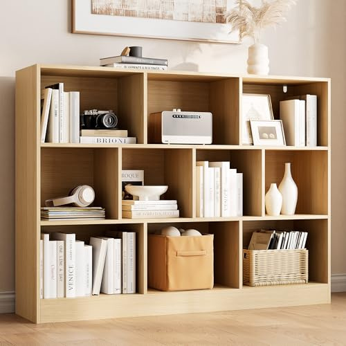 AUREUM OPAL Bücherregal, Standregal mit 3 Ebenen 10 Ablagen, Bücherschrank, 29,3 x 110 x 84 cm, Würfelregal für Wohnzimmer, Büro, Schlafzimmer, Arbeitszimmer (1, Eiche)